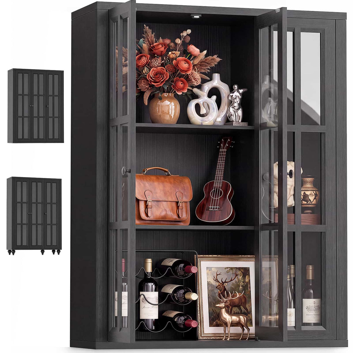 Farmhouse Display Cabinet, Rustic White Glass Doors, 3-Door Curio Cabinet, Adjustable Shelf and 6 Compartments, For Collectibles, Books & Dinnerware