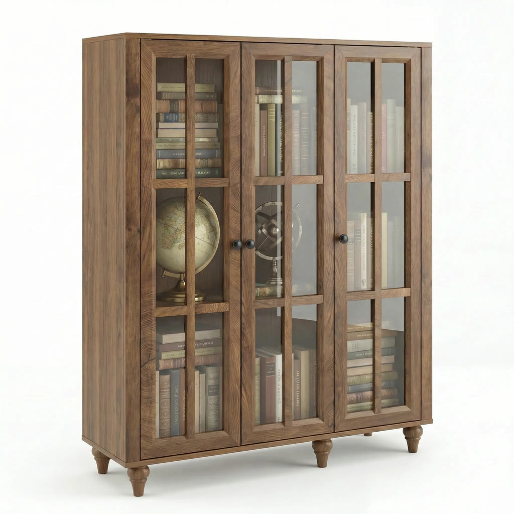 51 Inch Display Bookshelf, 3 Tier Wood Bookcase with 3 Glass Doors