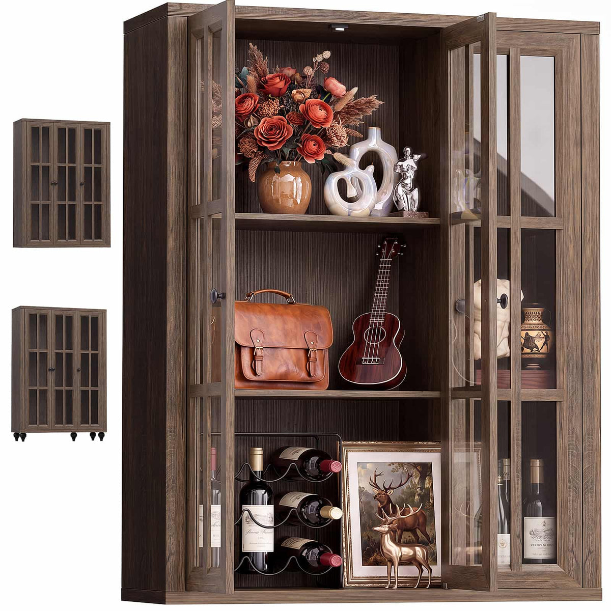 Farmhouse Display Cabinet, Rustic White Glass Doors, 3-Door Curio Cabinet, Adjustable Shelf and 6 Compartments, For Collectibles, Books & Dinnerware