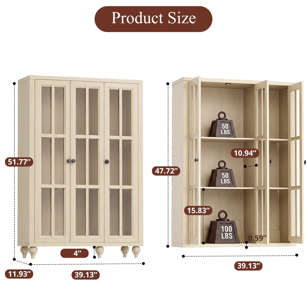 Farmhouse Display Cabinet, Rustic White Glass Doors, 3-Door Curio Cabinet, Adjustable Shelf and 6 Compartments, For Collectibles, Books & Dinnerware