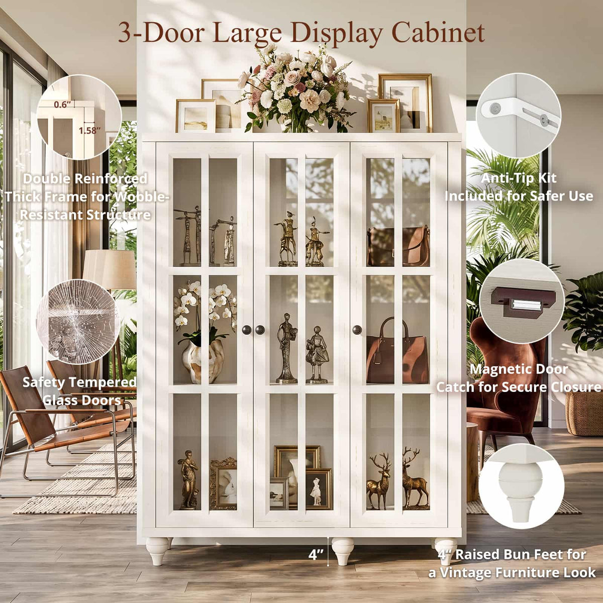 Farmhouse Display Cabinet, Rustic White Glass Doors, 3-Door Curio Cabinet, Adjustable Shelf and 6 Compartments, For Collectibles, Books & Dinnerware