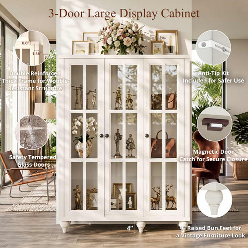 Farmhouse Display Cabinet, Rustic White Glass Doors, 3-Door Curio Cabinet, Adjustable Shelf and 6 Compartments, For Collectibles, Books & Dinnerware
