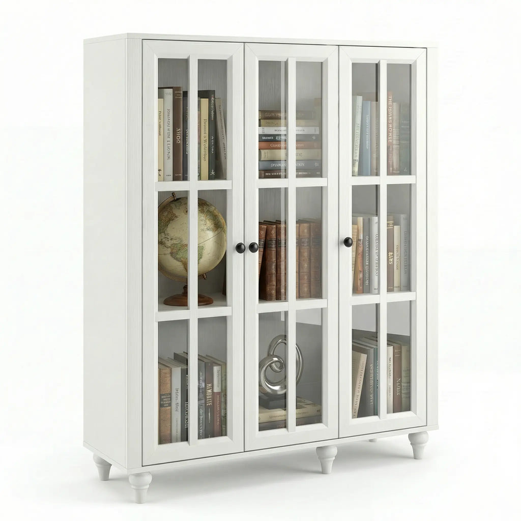 51 Inch Display Bookshelf, 3 Tier Wood Bookcase with 3 Glass Doors