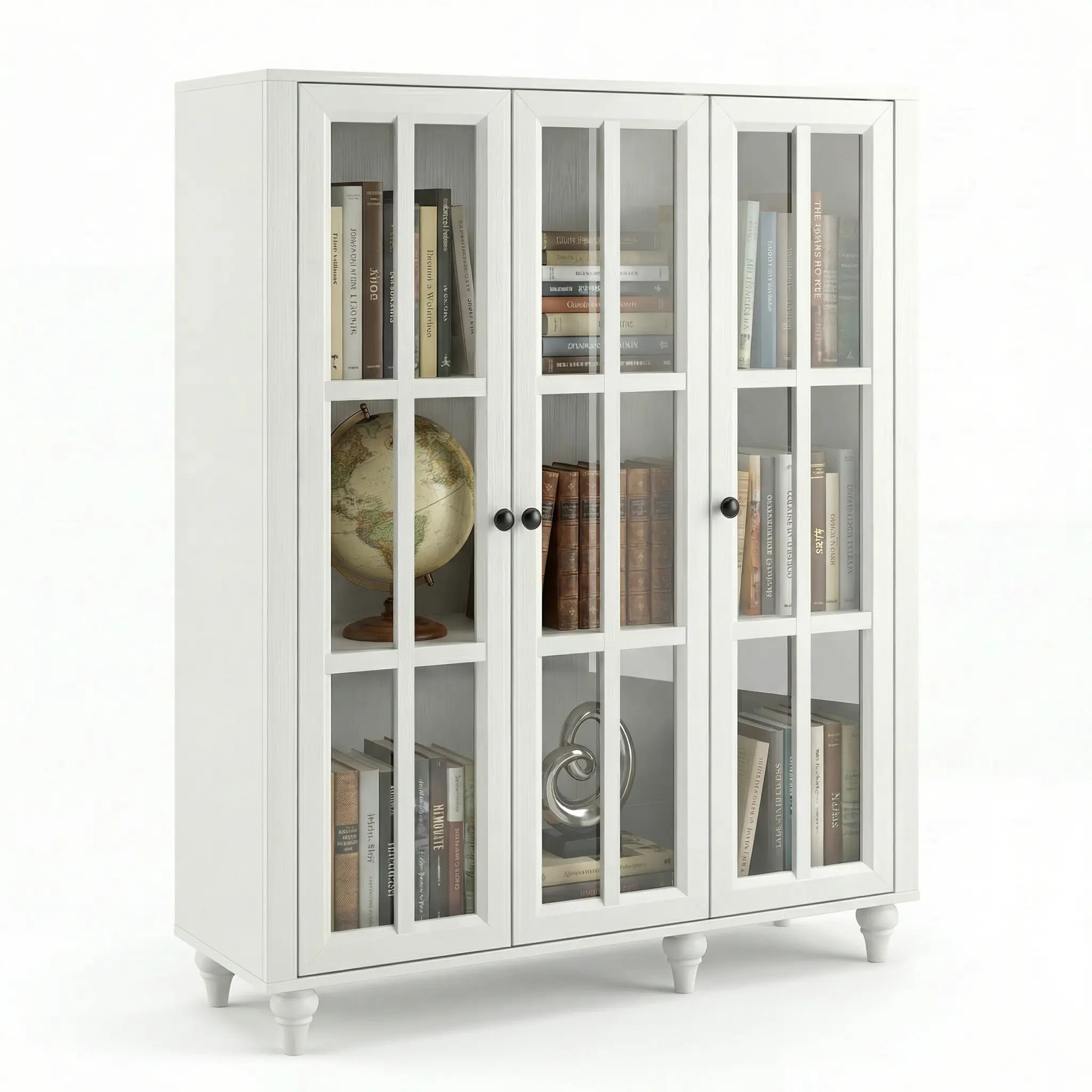 51 Inch Display Bookshelf, 3 Tier Wood Bookcase with 3 Glass Doors