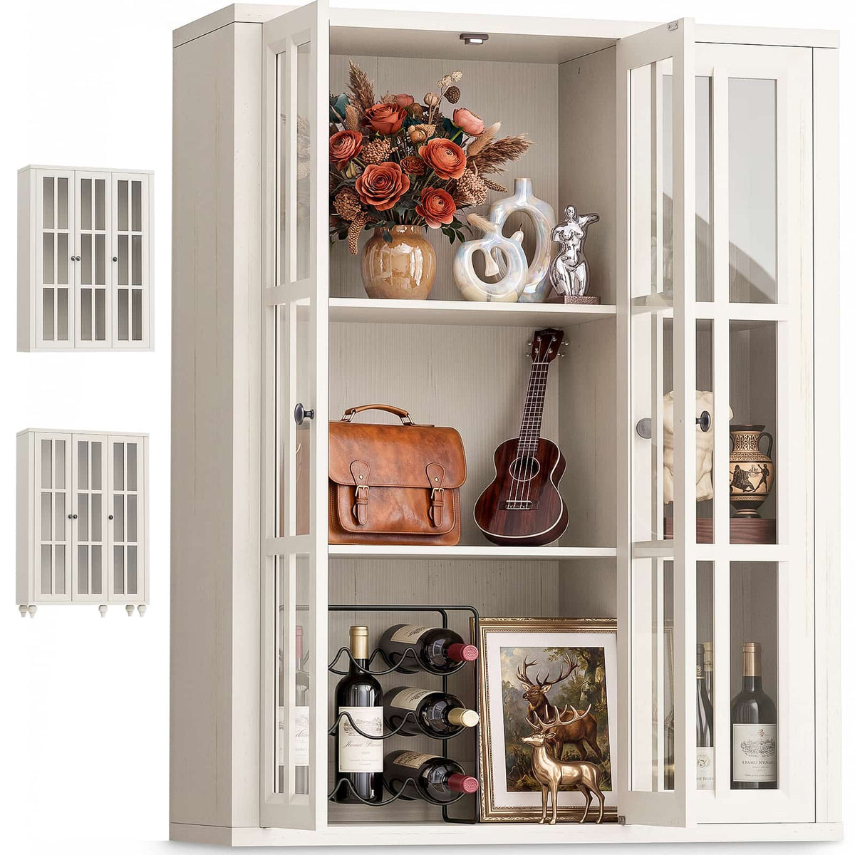 Farmhouse Display Cabinet, Rustic White Glass Doors, 3-Door Curio Cabinet, Adjustable Shelf and 6 Compartments, For Collectibles, Books & Dinnerware