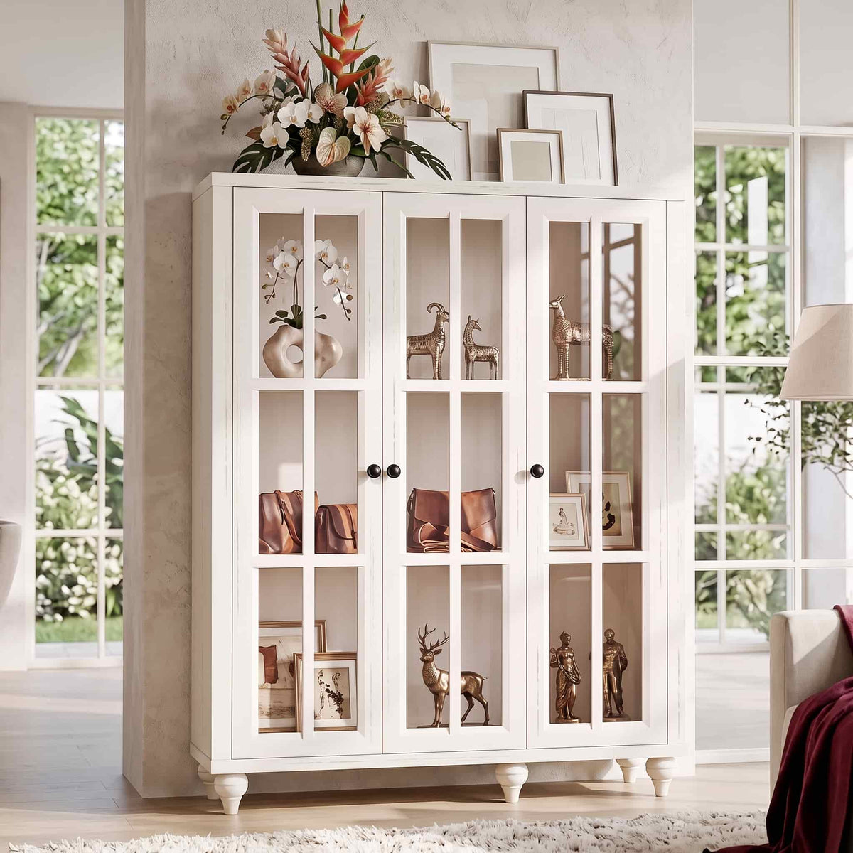 Farmhouse Display Cabinet, Rustic White Glass Doors, 3-Door Curio Cabinet, Adjustable Shelf and 6 Compartments, For Collectibles, Books & Dinnerware