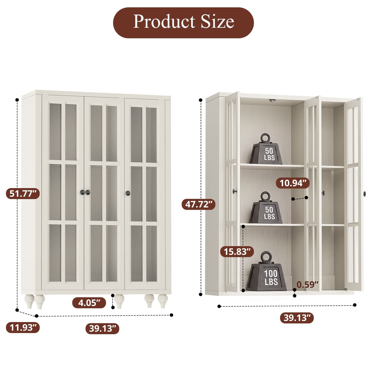 Farmhouse Display Cabinet, Rustic White Glass Doors, 3-Door Curio Cabinet, Adjustable Shelf and 6 Compartments, For Collectibles, Books & Dinnerware