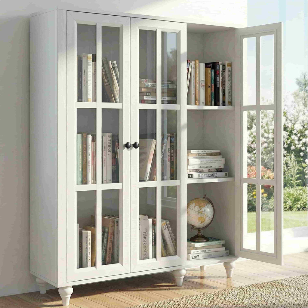 51 Inch Display Bookshelf, 3 Tier Wood Bookcase with 3 Glass Doors