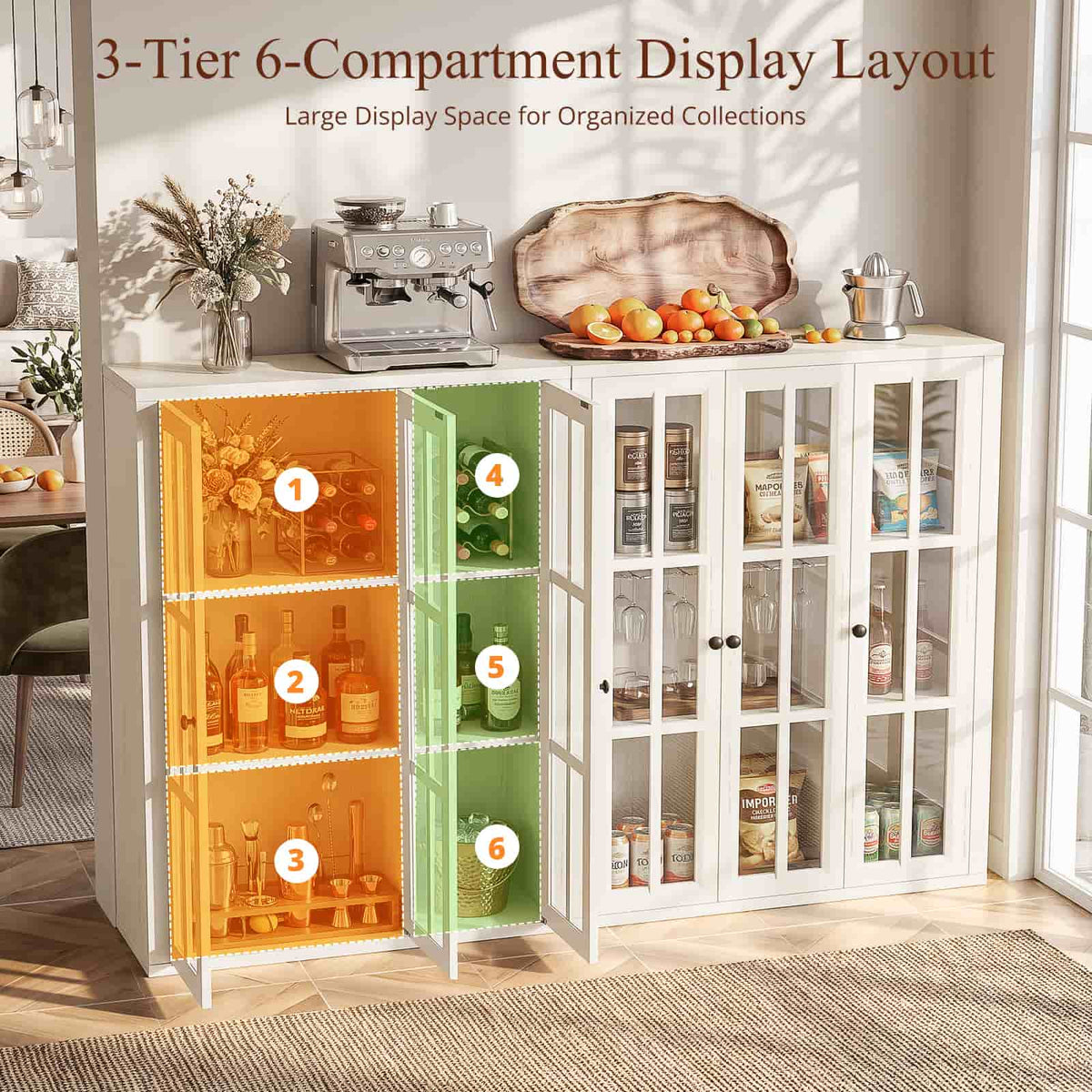 Farmhouse Display Cabinet, Rustic White Glass Doors, 3-Door Curio Cabinet, Adjustable Shelf and 6 Compartments, For Collectibles, Books & Dinnerware