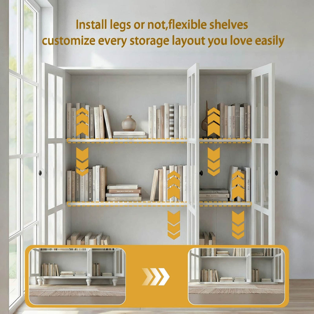 51 Inch Display Bookshelf, 3 Tier Wood Bookcase with 3 Glass Doors