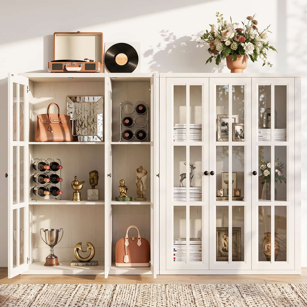 Farmhouse Display Cabinet, Rustic White Glass Doors, 3-Door Curio Cabinet, Adjustable Shelf and 6 Compartments, For Collectibles, Books & Dinnerware