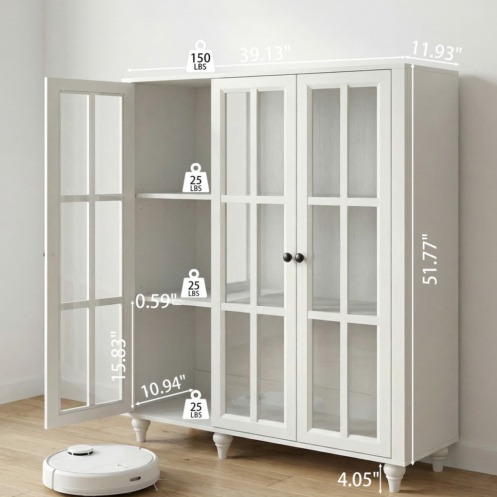 51 Inch Display Bookshelf, 3 Tier Wood Bookcase with 3 Glass Doors