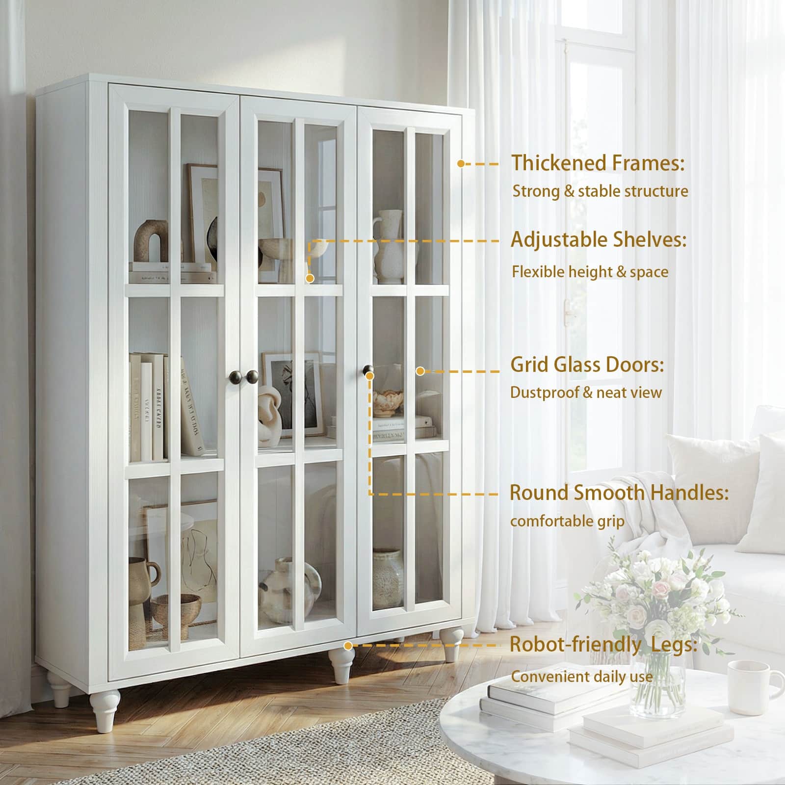 51 Inch Display Bookshelf, 3 Tier Wood Bookcase with 3 Glass Doors
