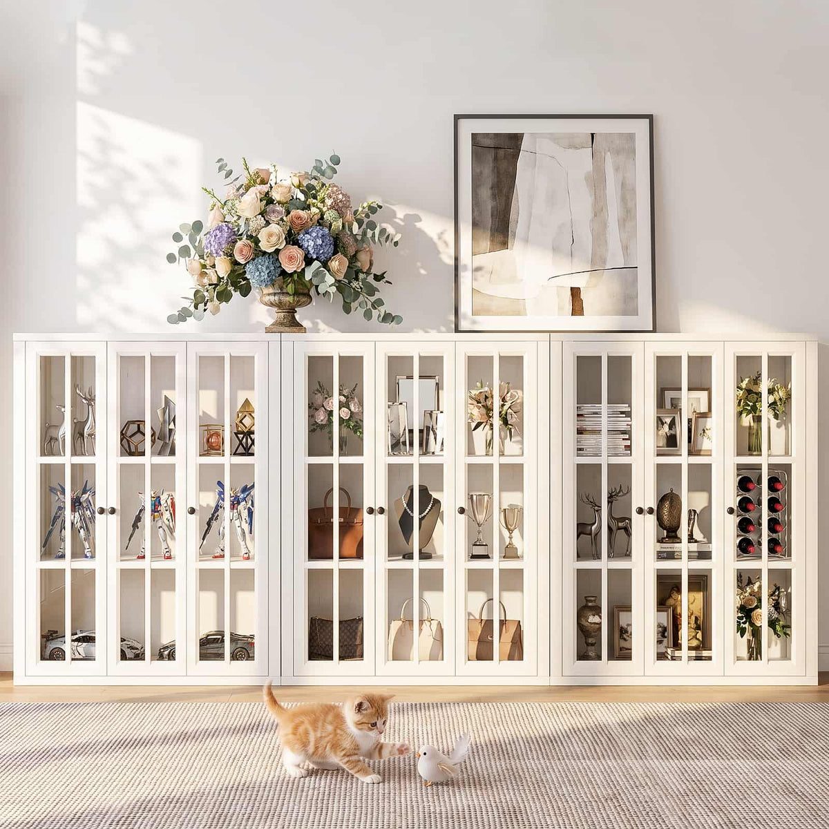 Farmhouse Display Cabinet, Rustic White Glass Doors, 3-Door Curio Cabinet, Adjustable Shelf and 6 Compartments, For Collectibles, Books & Dinnerware