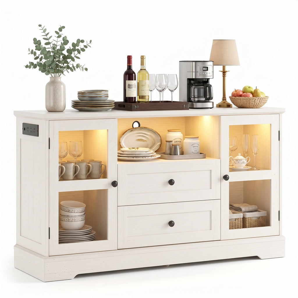 55 Inch Buffet Cabinet with Power Outlets, Coffee Bar with 2 Drawers, RGB LED Lights, Tempered Glass Doors & Adjustable Shelves, Modern Farmhouse Sideboard Storage Cabinet