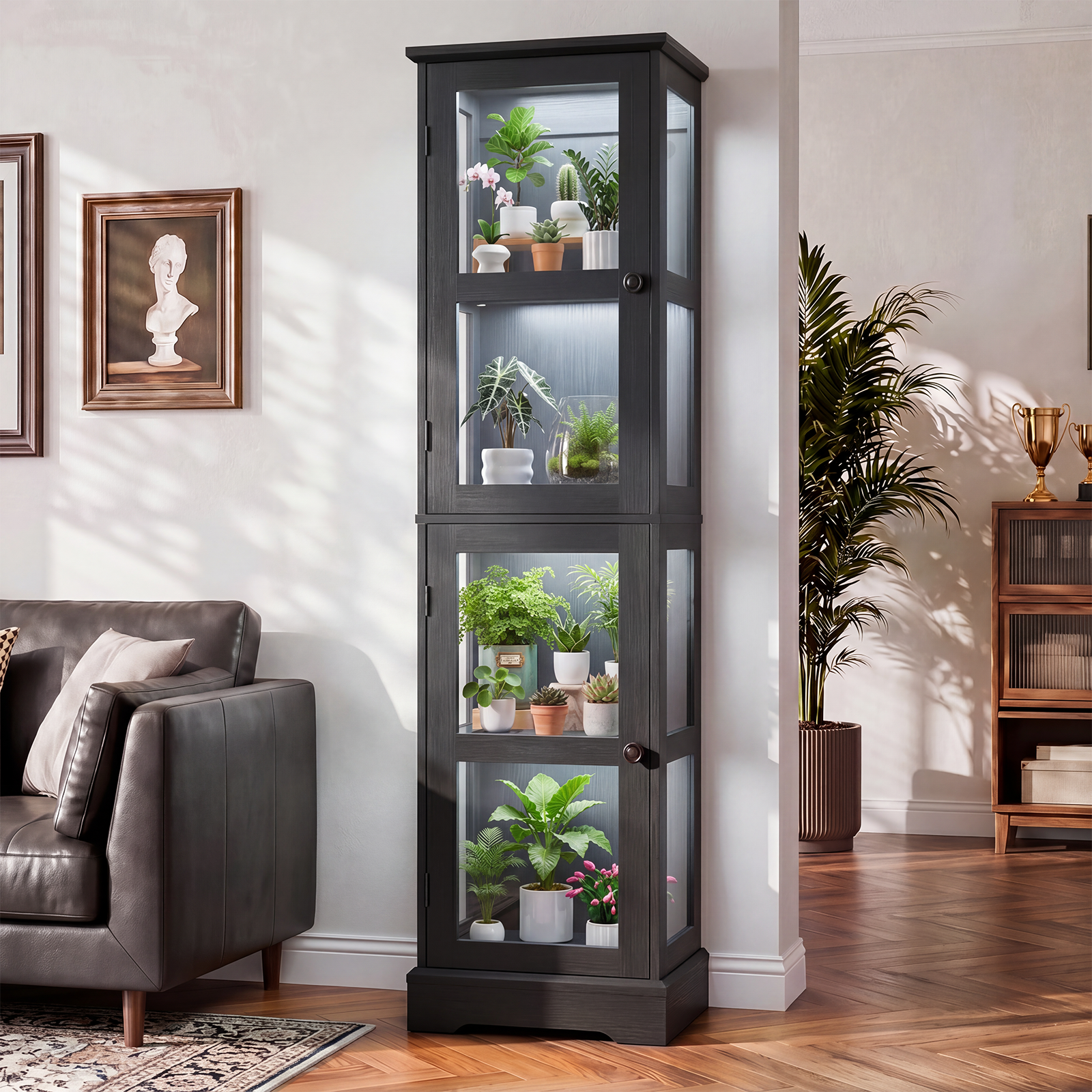 68" Glass Display Cabinet with RGB LED Lights, Narrow Tall Curio Cabinet with Reversible Glass Door