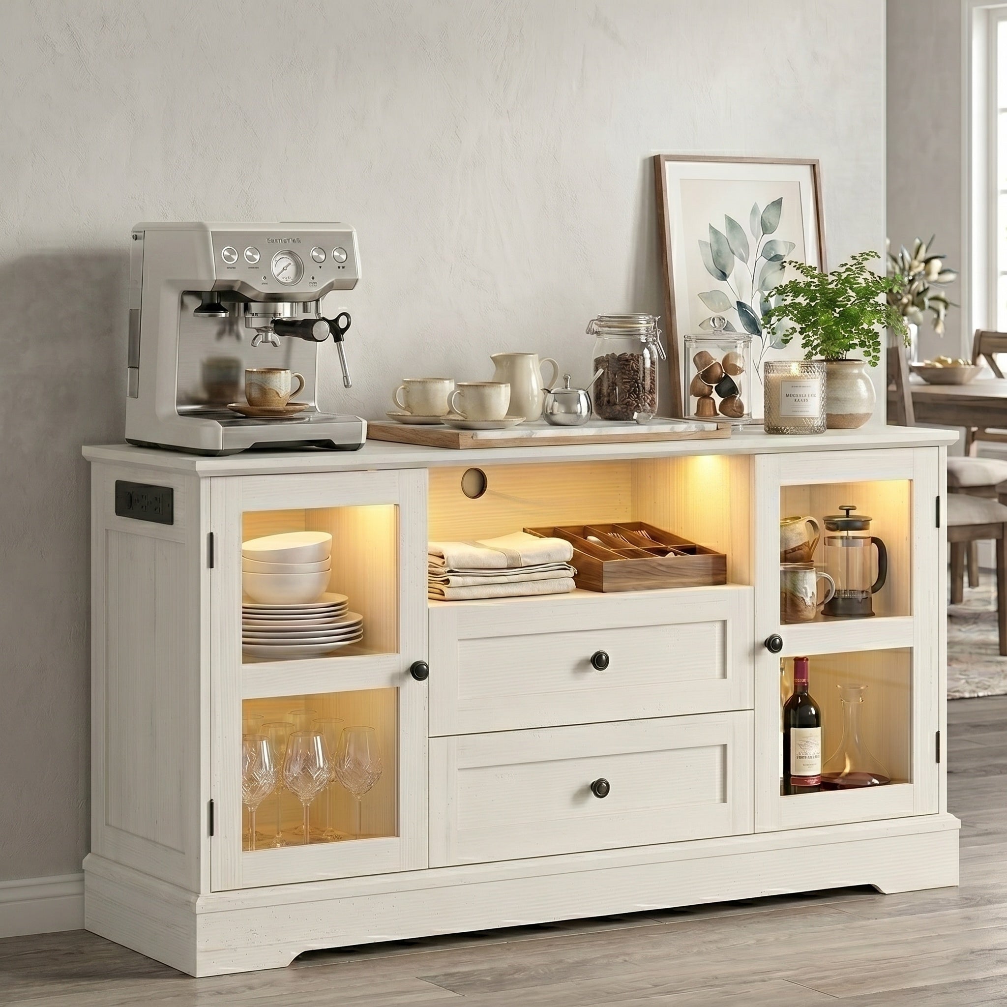 55 Inch Buffet Cabinet with Power Outlets, Coffee Bar with 2 Drawers, RGB LED Lights, Tempered Glass Doors & Adjustable Shelves, Modern Farmhouse Sideboard Storage Cabinet