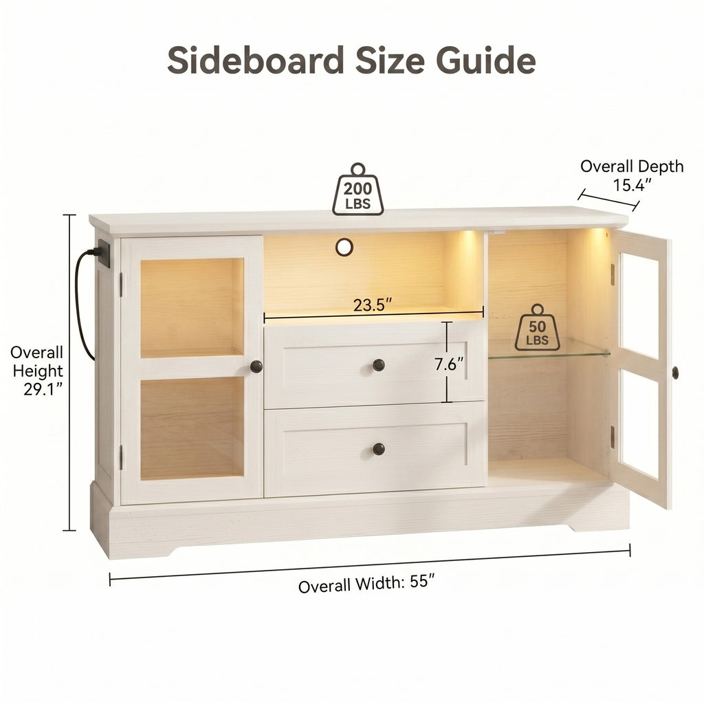 55 Inch Buffet Cabinet with Power Outlets, Coffee Bar with 2 Drawers, RGB LED Lights, Tempered Glass Doors & Adjustable Shelves, Modern Farmhouse Sideboard Storage Cabinet