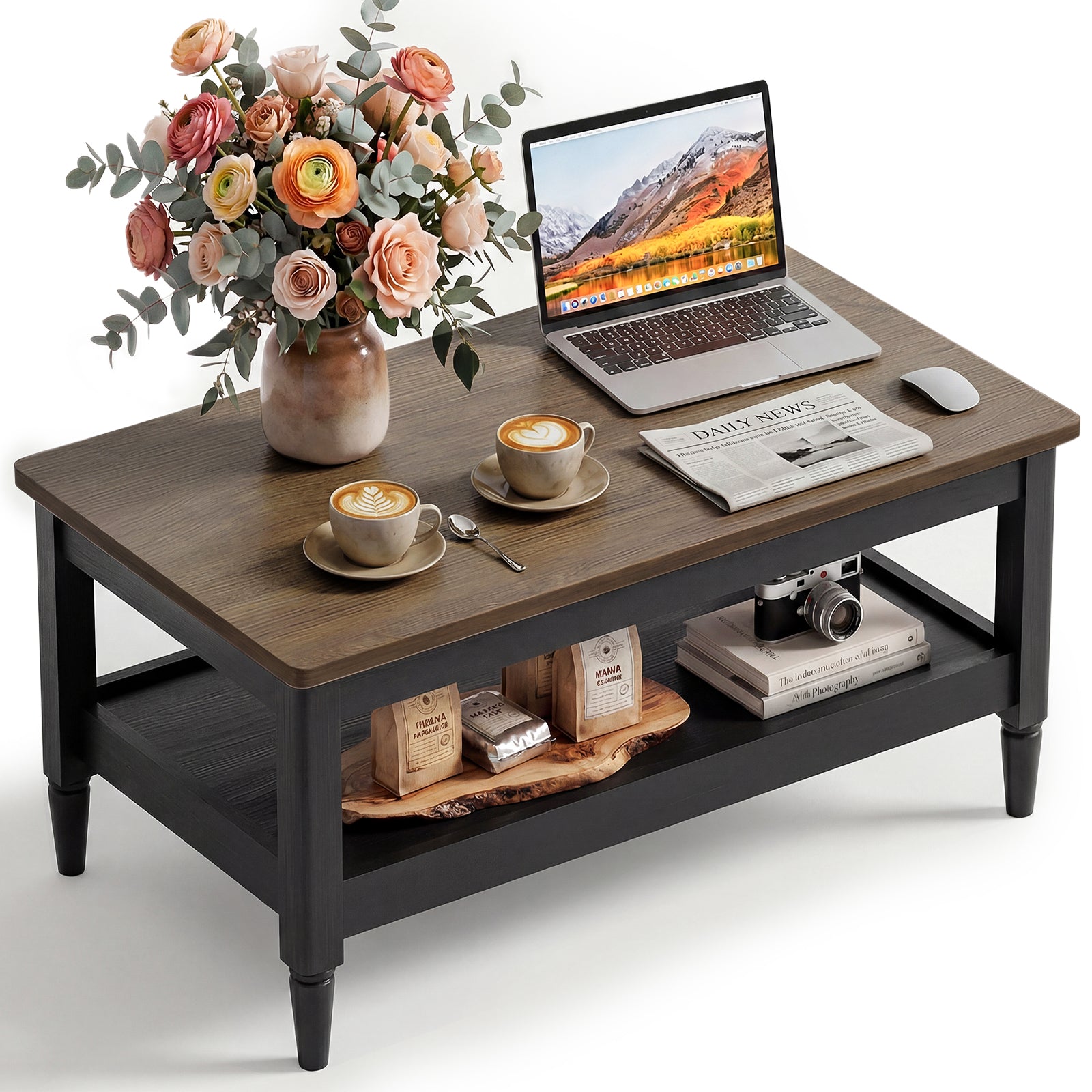 40" Farmhouse Coffee Table for Living Room, 2-Tier Rectangular Center Table with Open Storage Shelf, 300 lb Capacity, Rounded Corners, Robot Vacuum-Friendly Base