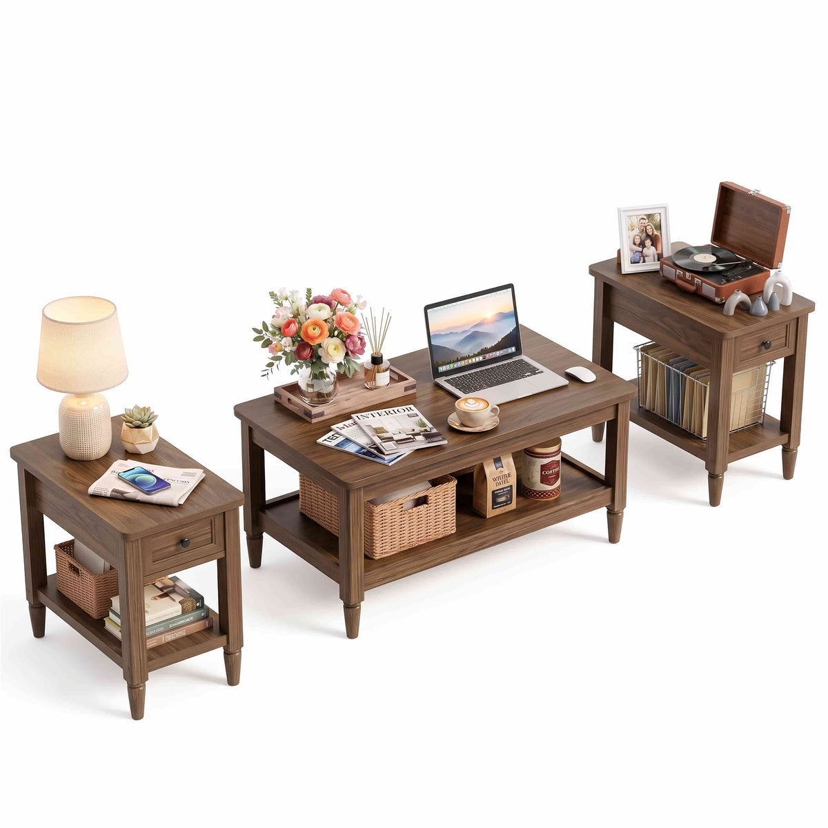 Farmhouse Coffee Table and End Table Set of 3, 40" Coffee Table with Storage & 2 End Tables with Charging Station, Living Room Table Set