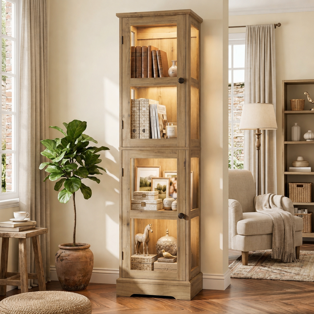 68.3" Tall Storage Cabinet with Glass Doors, Narrow Freestanding Floor Cabinet with Adjustable Shelves, RGB Lights & Reversible Door, Display Organizer for Living Room, Kitchen