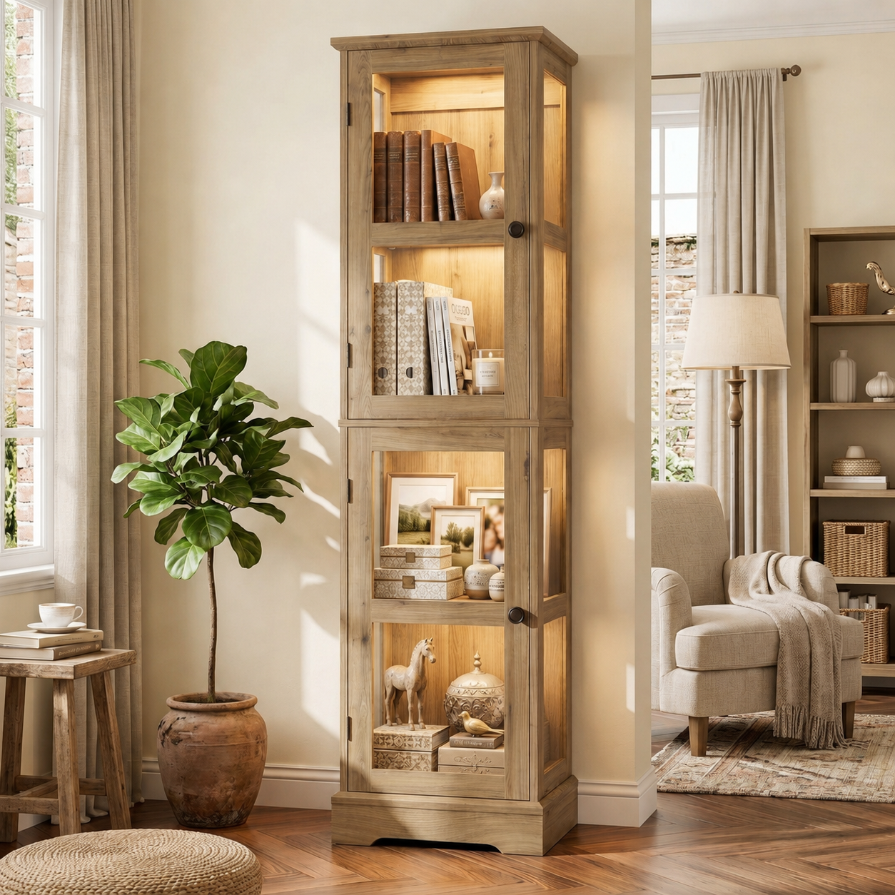 68.3" Tall Storage Cabinet with Glass Doors, Narrow Freestanding Floor Cabinet with Adjustable Shelves, RGB Lights & Reversible Door, Display Organizer for Living Room, Kitchen
