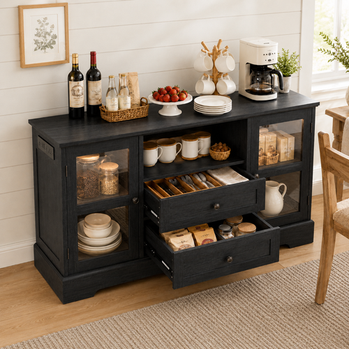 55 Inch Buffet Cabinet with Power Outlets, Coffee Bar with 2 Drawers, RGB LED Lights, Tempered Glass Doors & Adjustable Shelves, Modern Farmhouse Sideboard Storage Cabinet